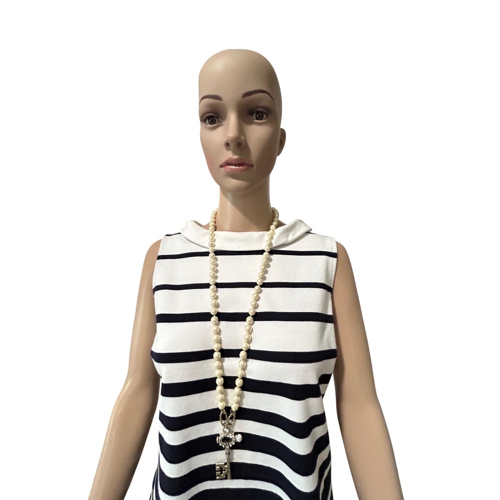 Talbots Womens Medium Navy White Striped Sleeveless Funnel‎ Neck Back Zip Top